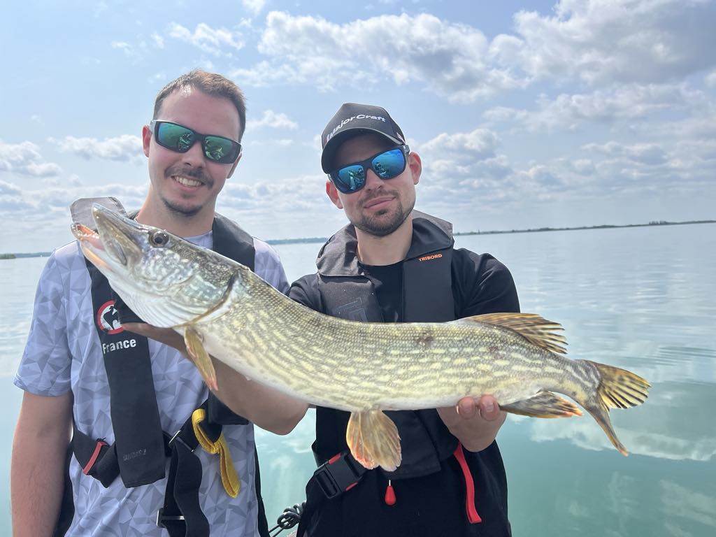 Brochet d’amitié sur le lac du Der Deux amis et un brochet pris lors d’un guidage sur le lac du Der