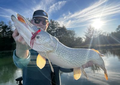 Moniteur guide de pêche tenant un brochet en automne lors d’une belle journée ensoleillée
